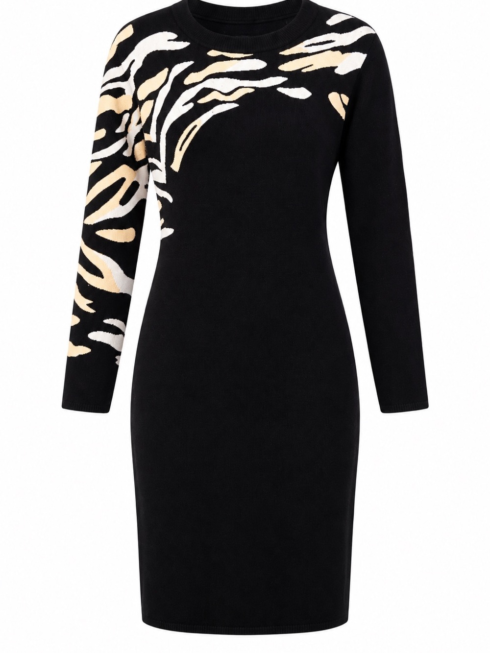 89th & Madison Black Knit Dress with Ivory and Cream Zebra Accent